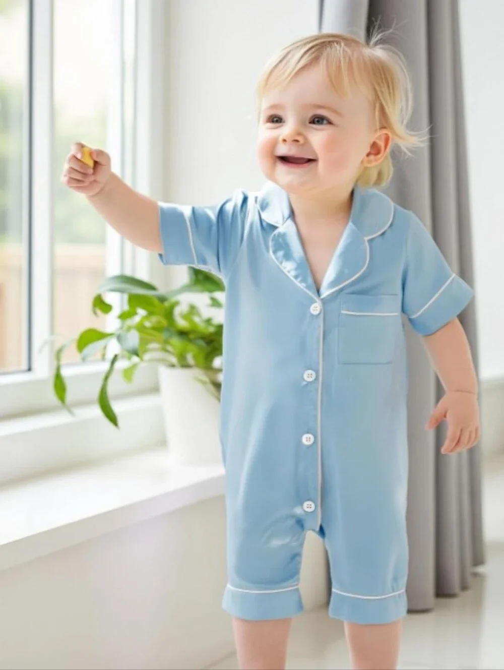 Infant Satin Pajamas Romper Pink Blue 6M 12M 18M Button Up Short Sleeve Jumpsuit